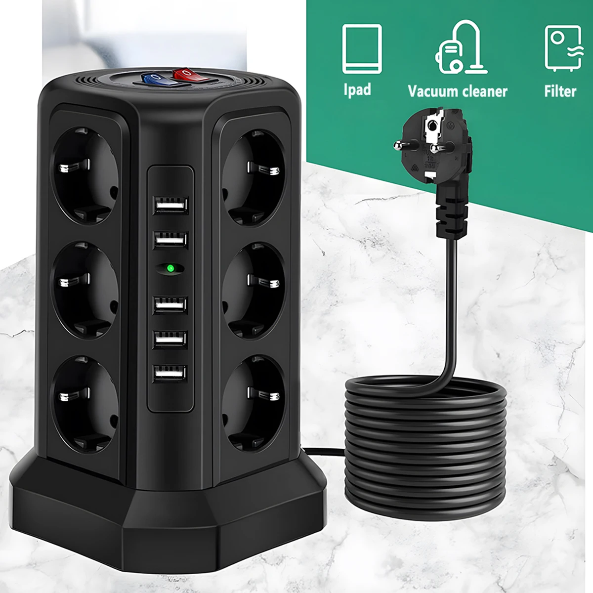 Tower Power Strip 12 Outlets 5 USB Ports Multi Tower Socket with 1.8 M Extension Cord and Overload Protector Vertical Socket