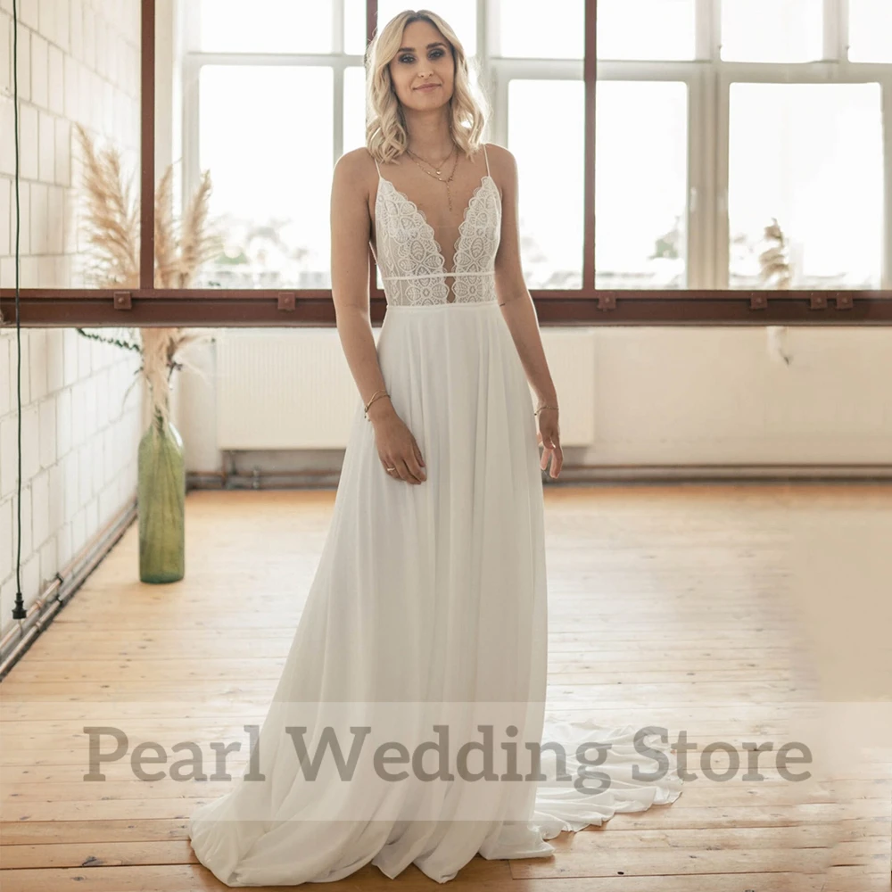 Romantic Boho Lace Chiffon Wedding Dress Classic Spaghetti Straps Sleeveless A-Line V-Neck Open Back Bride Seaside Marriage Gown