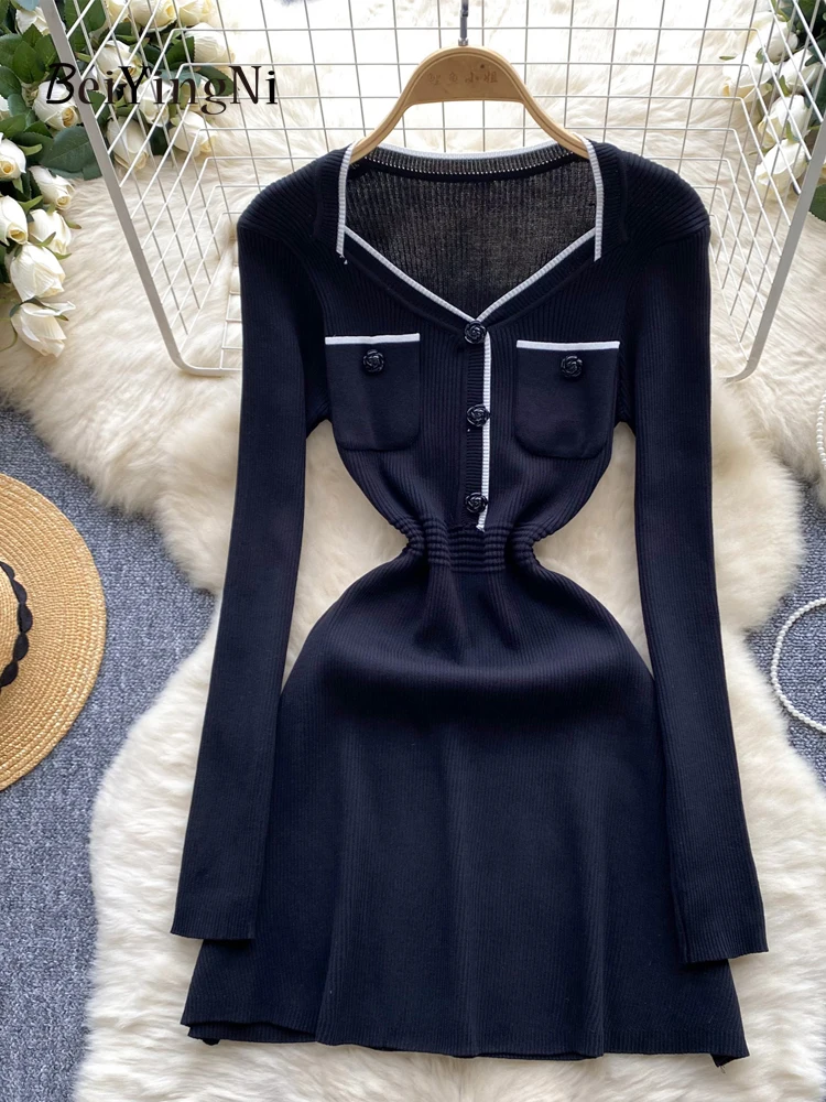 Beiyingni Autumn Winter Knitted Mini A-line Dress Women Luxury Slim Fashion Design Korean Short Dresses Ladies Retro Black Robes