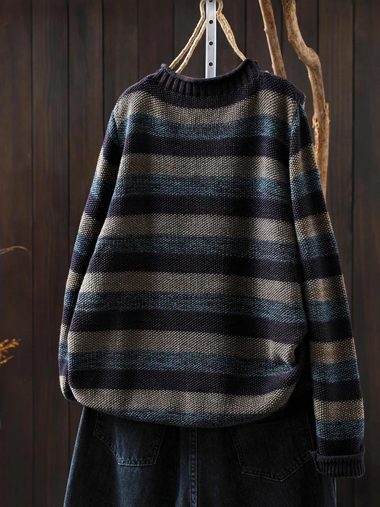 Women Vintage Mori Girl Striped Knitted Sweaters Pullovers Autumn New O-neck Long Sleeve Casual Loose Knitwear Tops