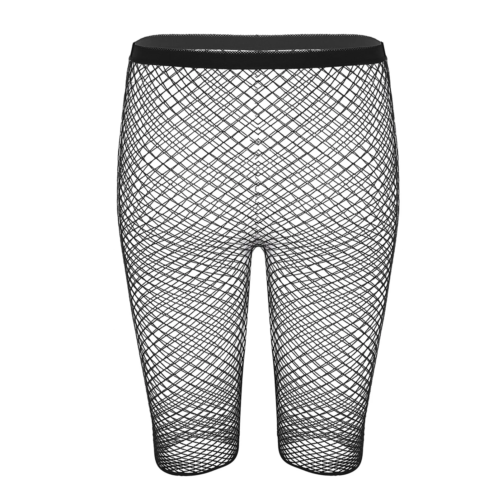 Mens Black Sheer See Through Fishnet Mesh High Waisted Knee Length High Stretchy Legging Half Pants Swimwear Sexy Party Clubwear