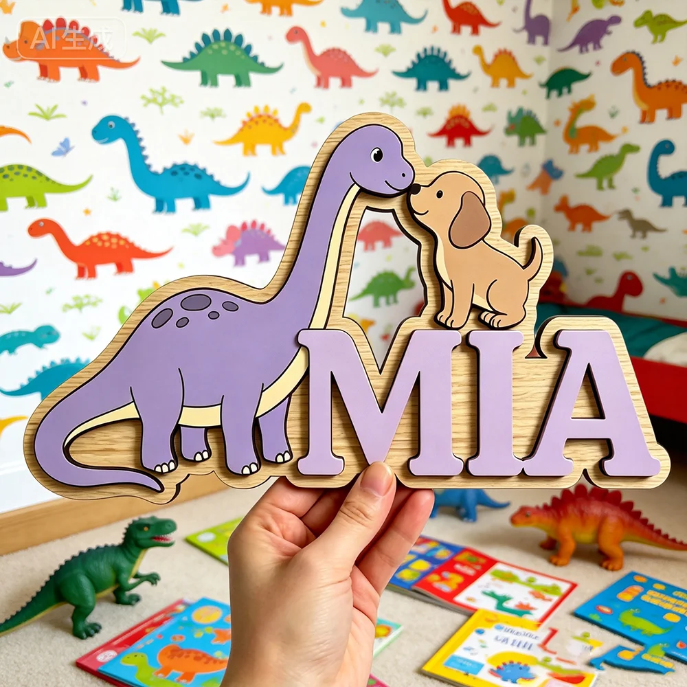 Personalized Dinosaur & Puppy Name Sign for The Dearest Baby, Cute Purple Themed Kids Room Animal Decor