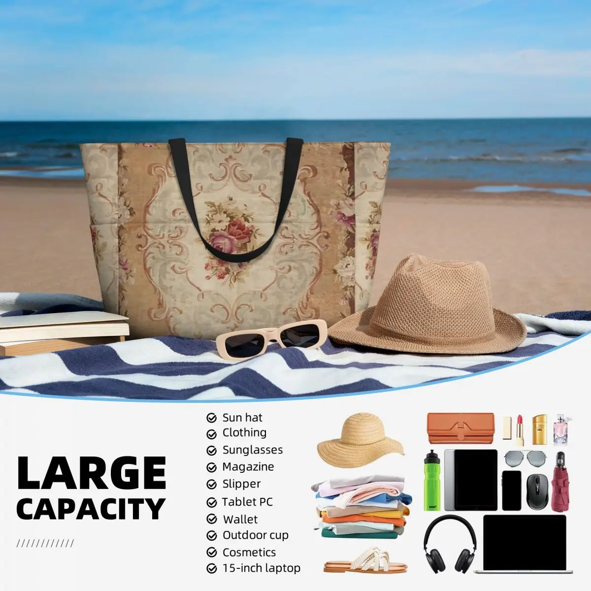 Borsa tote da spiaggia con stampa di tappeti Aubusson francese floreale rosa antica Borsa sportiva da palestra per yoga Borsone grande Borsa da viaggio da donna Borsa da fitness