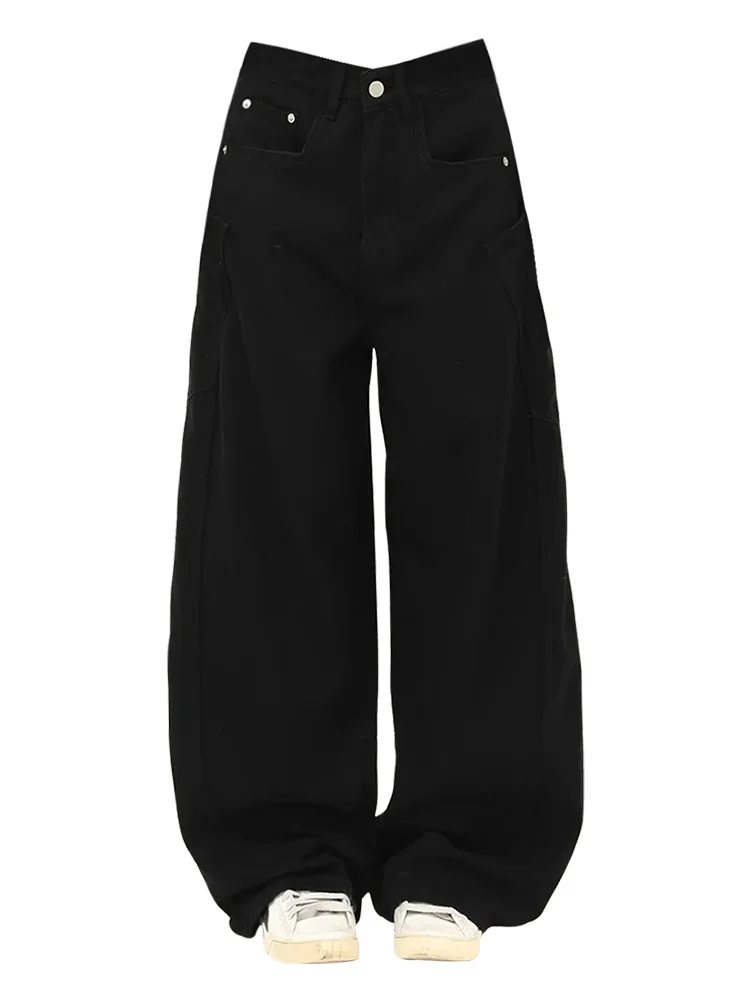 plus Size Black Knife  Denim Jeans Women's Autumn Winter Loose Wide Leg Long Pants American Decomposition Design Versatile