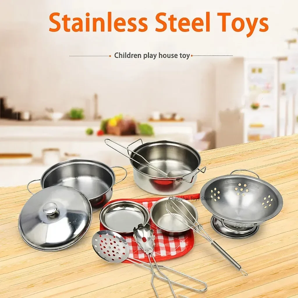 

10Pcs/set Kitchen Pretend Cooking Toy Cookware for Kids Stainless Steel Pots Pans Cooking Utensils