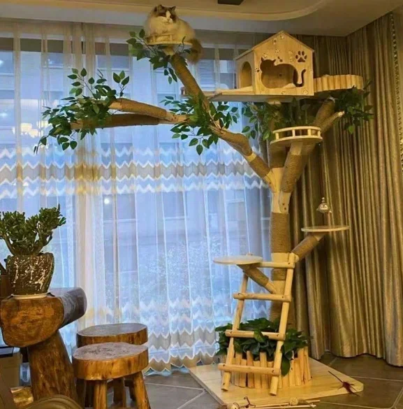 Large Fur Climbing Tree Sisal Rope Solid Wood DIY Self-Assembly Large Scratching Tee Pet Toy Home Decoration