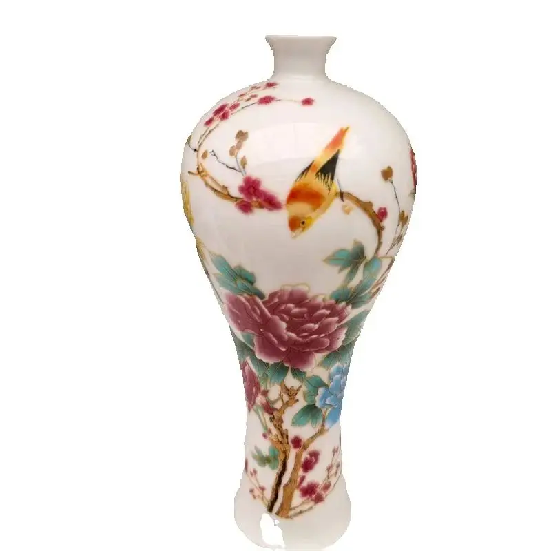 Chinese Old Porcelain Vase with Pink Flower And Bird Pattern Fortune Design Traditional Asian Decorative Item