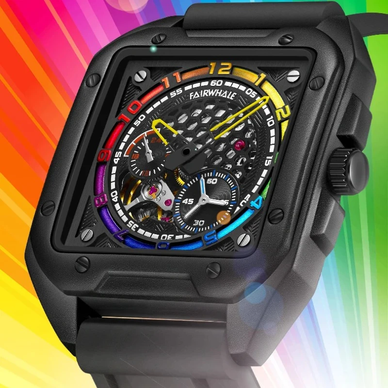 مارك Fairwhale 6370 أزياء العلامة التجارية الرجال التلقائية الميكانيكية ووتش عارضة سيليكون حزام أسود الرياضة سلسلة الساعات للرجل Reloj