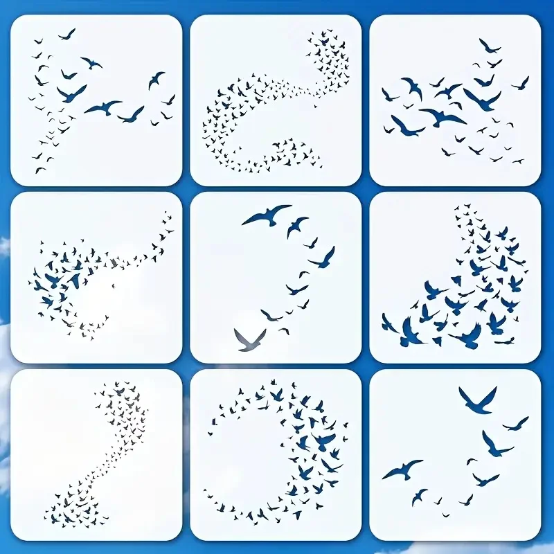 Juego de plantillas de silueta de pájaro de 6x6 pulgadas, 9 Uds., plantillas reutilizables de pájaros voladores para álbum de recortes, tela, arte de pared de madera DIY