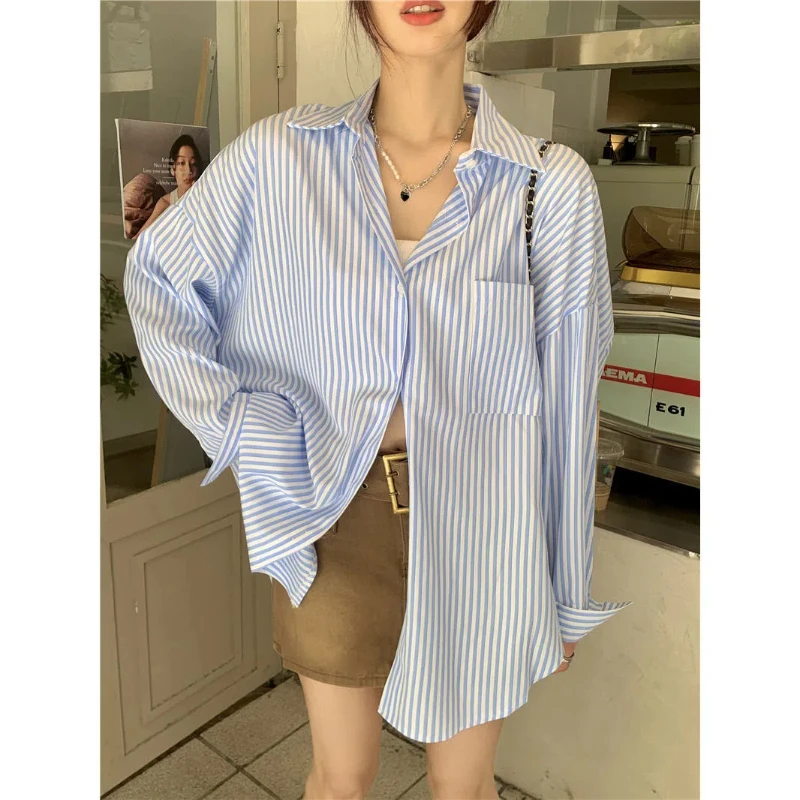 Women\'s 2024 Spring and Autumn New Collection Splicing Polo Collar Button Pocket Stripe Fashion Loose Casual Long Sleeve Shirts