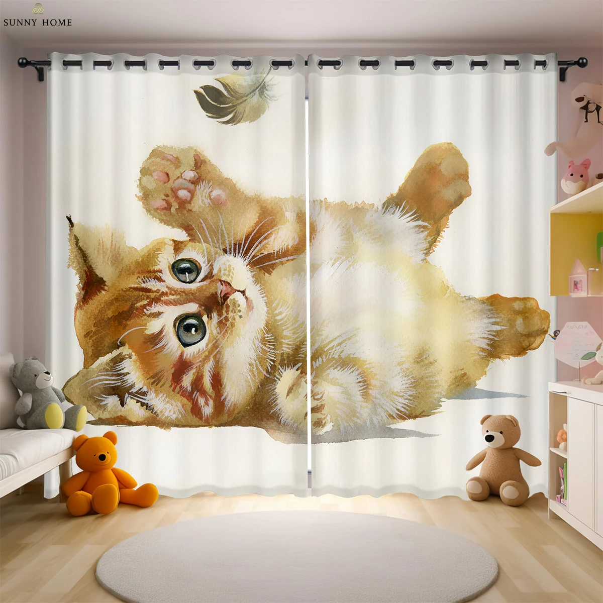 2 Pieces Of Cat Under The Starry Sky Cartoon Print Curtains 100% Polyester Children's Room Bedroom Living Room Curtains