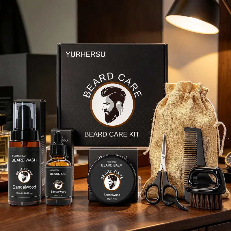 Beard Care Kit – Beard Shampoo, Beard Oil, Beard Balm, Scissors, Brush, Comb and Gift Bag, Daily Beard Grooming Set