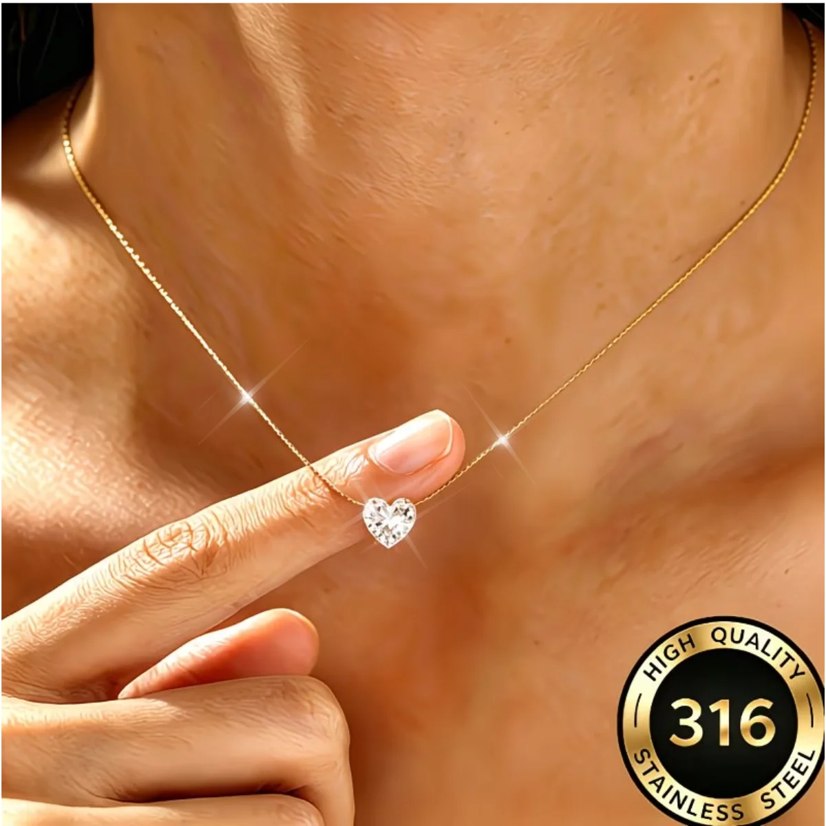 Charm Necklace Dainty - Stainless Steel Heart Clear Cubic Zircon