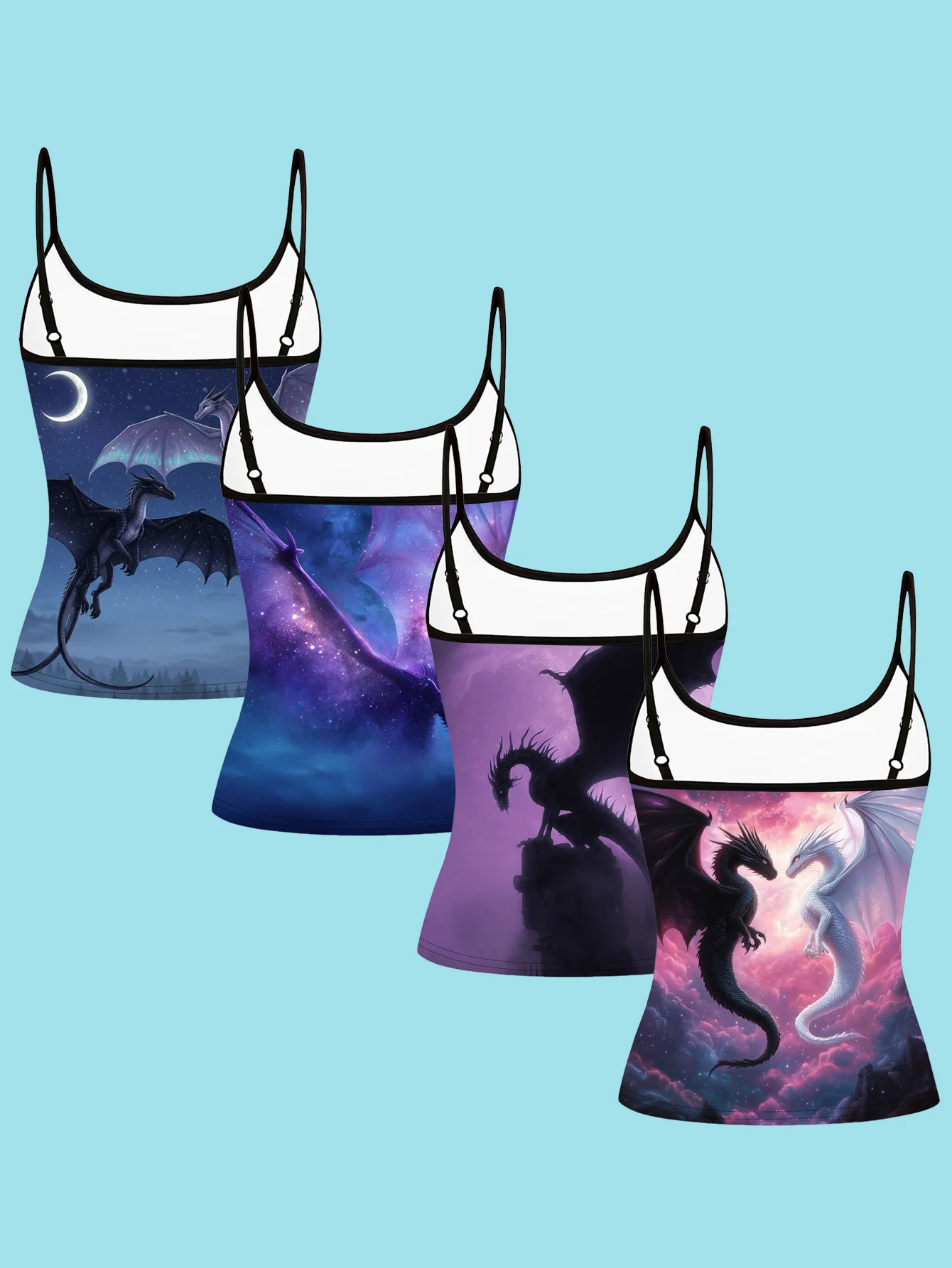 4-Piece Set of Women's Starry Sky Dragon Print Spaghetti Strap Camisole Slim Fit Inner Layering Tops