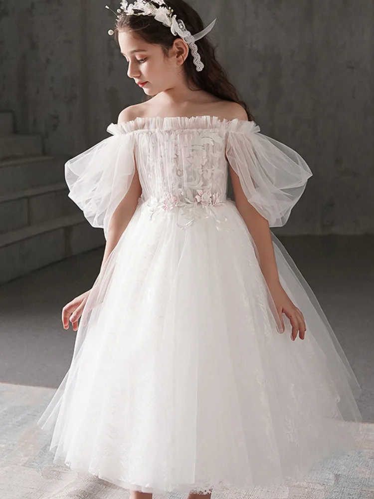 White Flower Girl Dresses Tulle Puffy Appliques Off Shoulder For Wedding Birthday Party First Communion Gowns