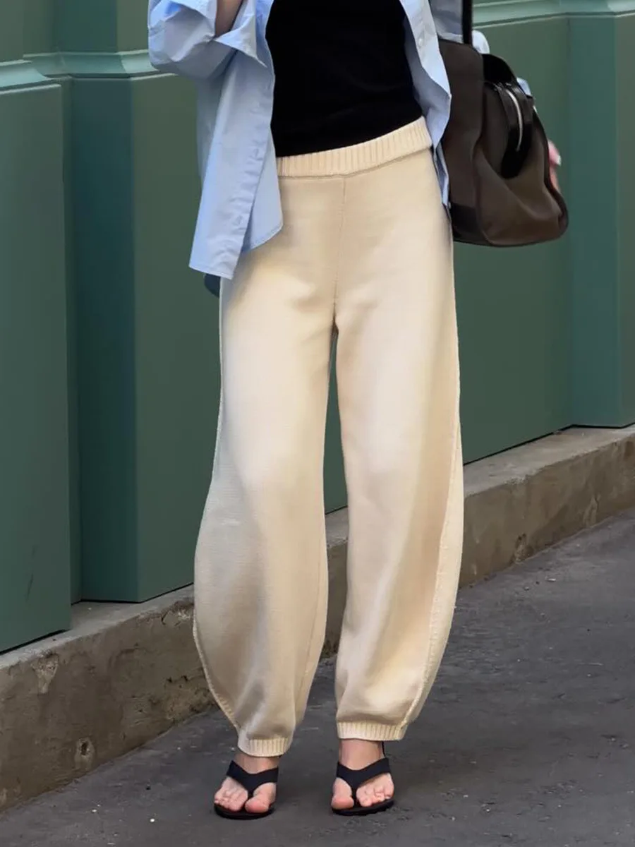 LIinar 2026 Fall Winter Fashion Cuffed Cropped Pants for Women High-Waisted Loose-Fitting Casual Solid-Color Knit Pants