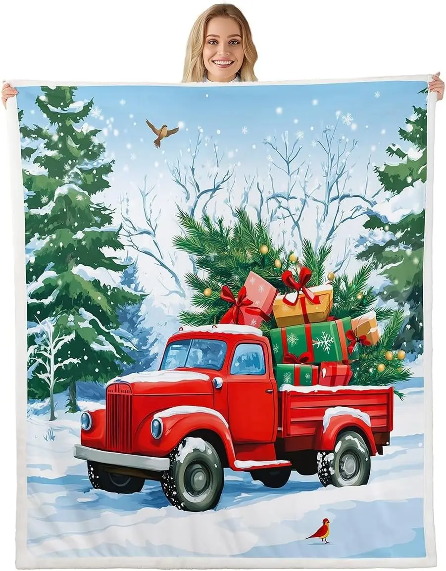 Christmas Truck Fleece Blanket Merry Xmas Decorations Sherpa Blanket Baby Decor Fuzzy Plush Throw for Kids Boys Girls Teens