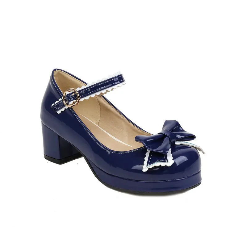 Nuevos zapatos de tacón con plataforma para mujer, zapatos de tacón grueso con punta redonda, pajarita, hebilla, correa, zapatos Lolita, talla grande 32-46, azul, negro, rosa y rojo