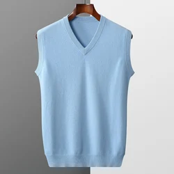 100% pure wool vest men's V-neck vest spring and autumn new loose knitted waistcoat casual loose sleeveless large size sweater