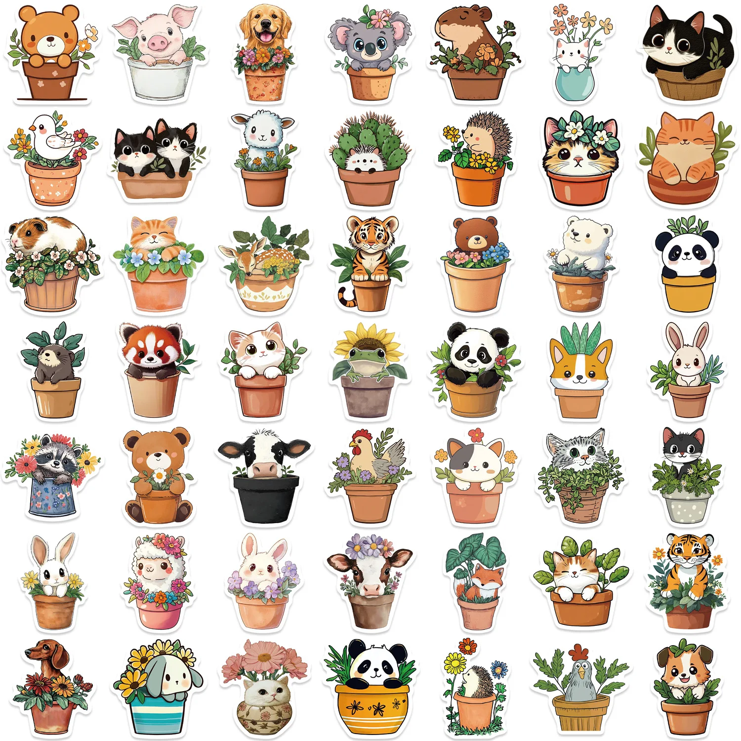 Autocollant Graffiti Animal pot de fleurs, 50 pièces, décoration mignonne, coque de téléphone pour ordinateur portable, valise, livre de bureau, autocollant étanche, jouet cadeau, DIY bricolage