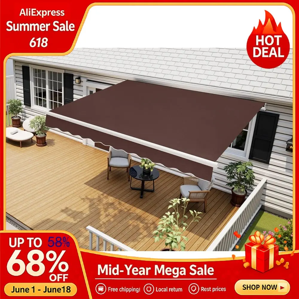 

11.5x9.5 Feet Manual Retractable Patio Door Window Awning Sunshade Shelter Outdoor Canopy, Brown,11.5L x 9.5W Awnings, Custom