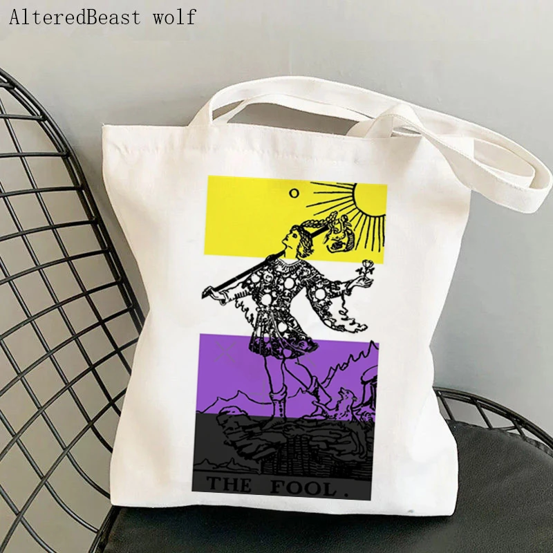 Women Shopper bag magic Non Binary Enby Pride Flag Tarot card witchy Bag Harajuku Canvas Shopper Bag girl Shoulder Lady Bag