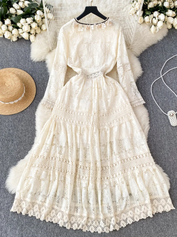 French Court Style Dress Women Vintage Mesh Hook Flower V-neck Tassel Design Long Dress Summer Clothing for Women