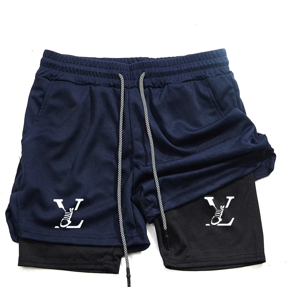 شورت رياضي 2 في 1 بطبقة مزدوجة مطبوع على الموضة للرجال للياقة البدنية والجري والتدريب، شورت سريع الجفاف وجيد التهوية