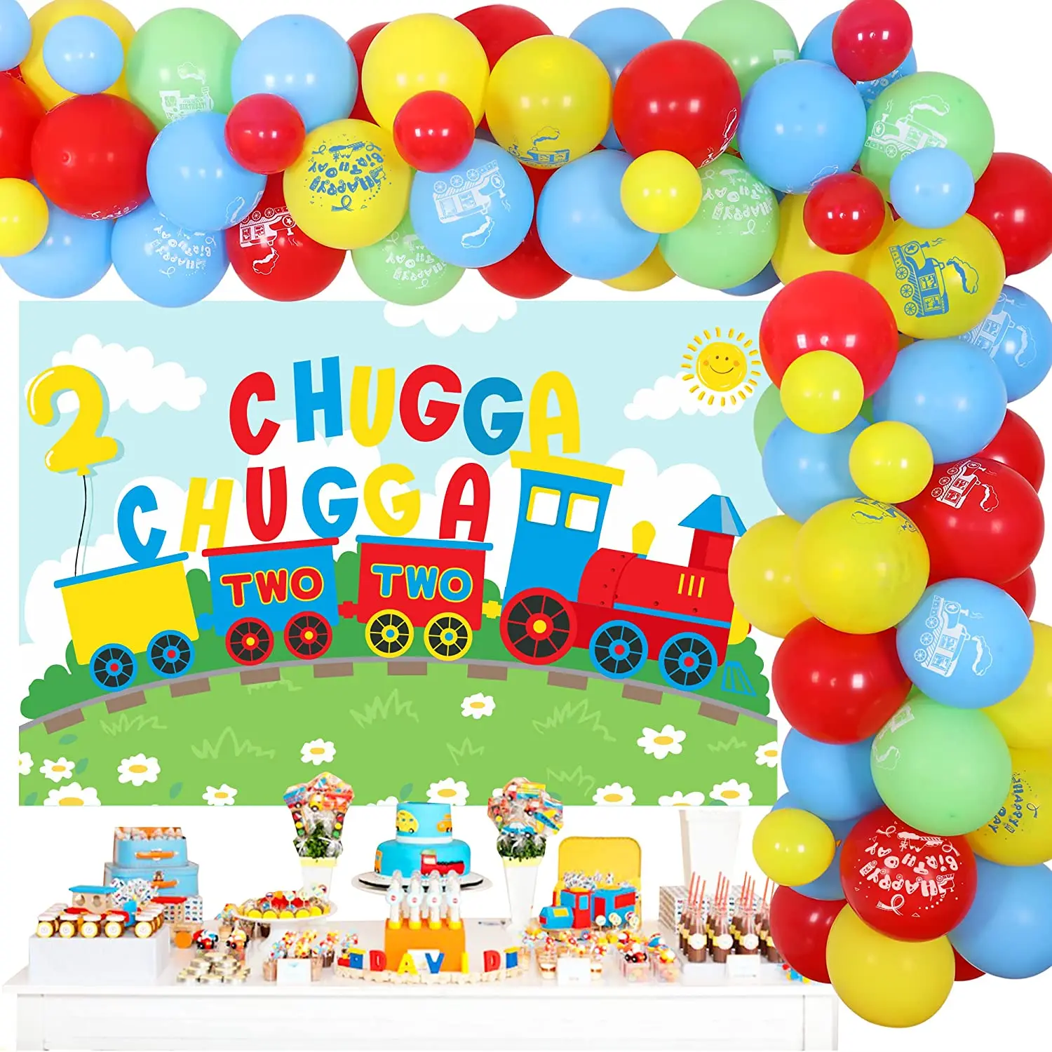 Balloon Garland Kit, Sursurprise Train 2nd Birthday Party Decorations, Chugga Two Backdrop, Colorful Balloon, Second Birthday Pa