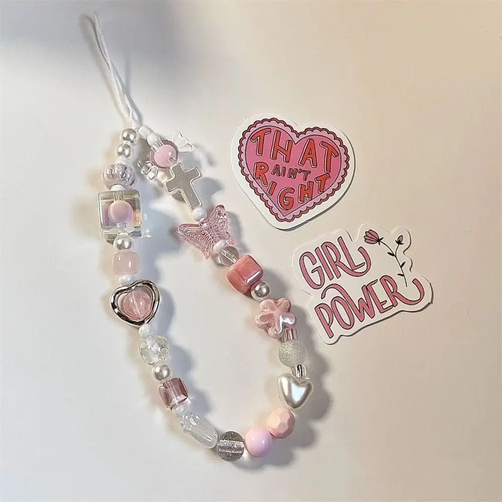 

Lovely Sweet Cool Y2k Phone Lanyard Pink Pearl Buttfly Style Cellphone Strap Heart Star Bear Cool Girl Phone Chain Female