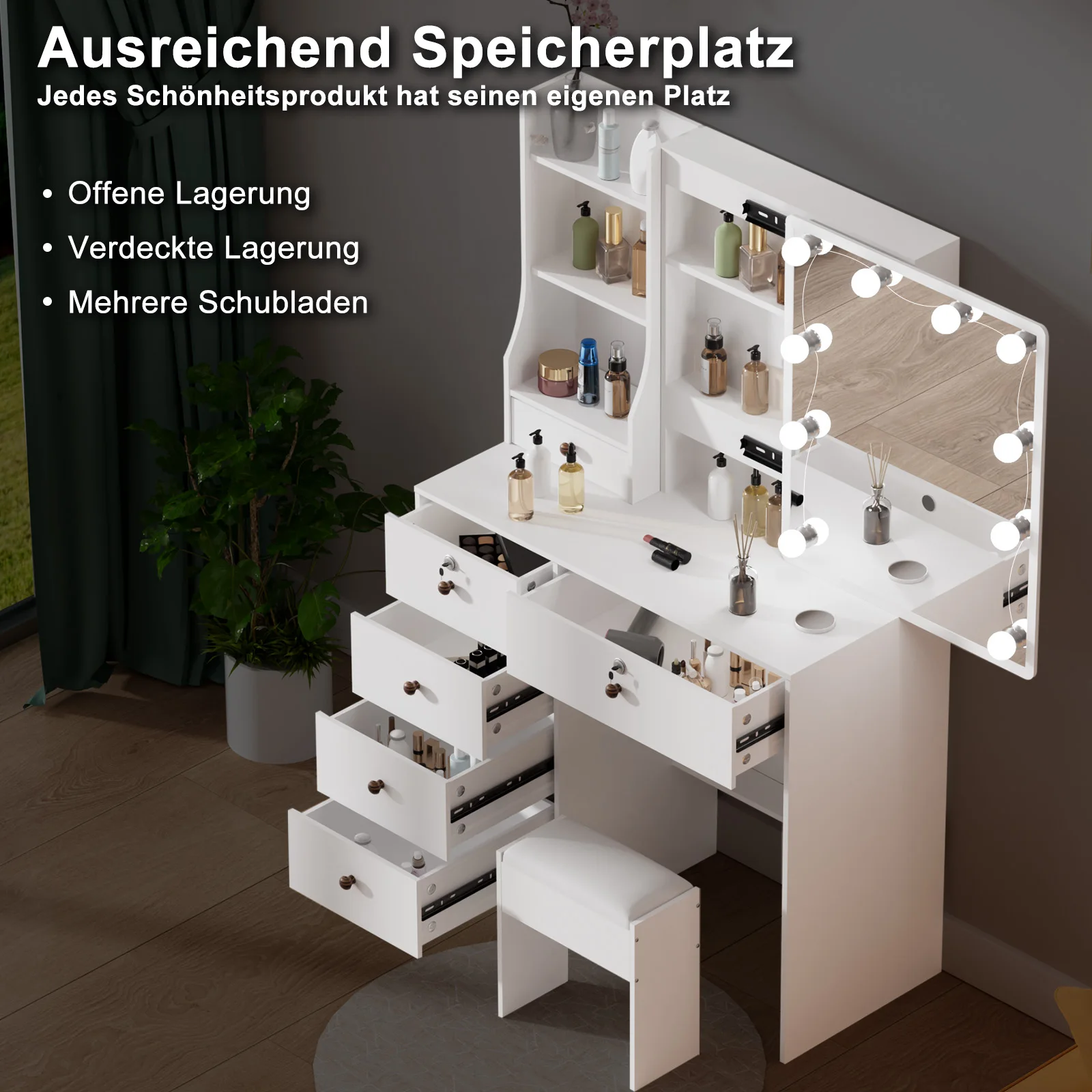 Modern White Makeup Vanity Dressing Table Set, Sliding Mirror Frame, 3-Color Dimmable LED Light, 6 Drawers with Stool, Bedroom Cosmetic Desk Perfect Gift