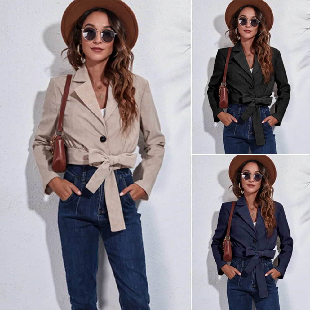 YJKDYK 2025 Autumn Winter Women's Coats Solid Color Lapel Casual Jacket For Women Lace Up Corduroy Jacket Women's Clothing