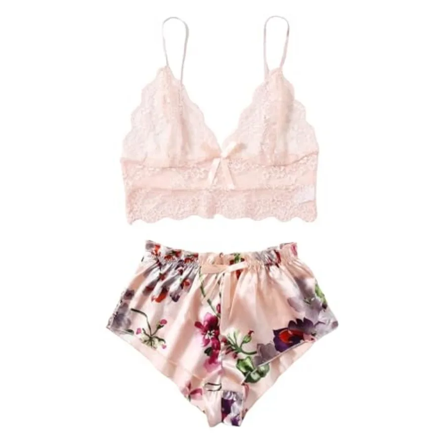 Women's 2 Pcs Lingerie Floral Lace Cami Top with Satin Shorts Sleepwear Pajama Set