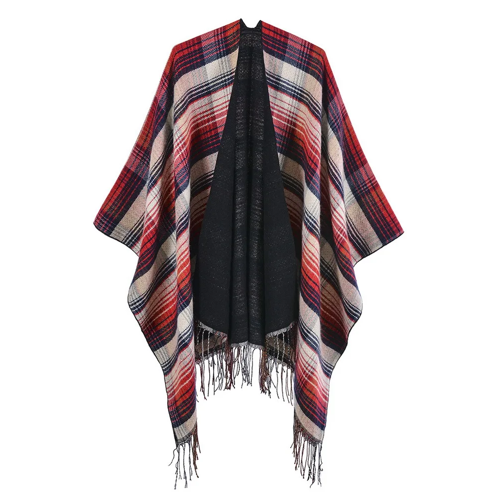 

Autumn Winter Scottish Classic Color Plaid Shawl Cloak Imitation Cashmere Tassel Warm Split Shawl Poncho Capes P5