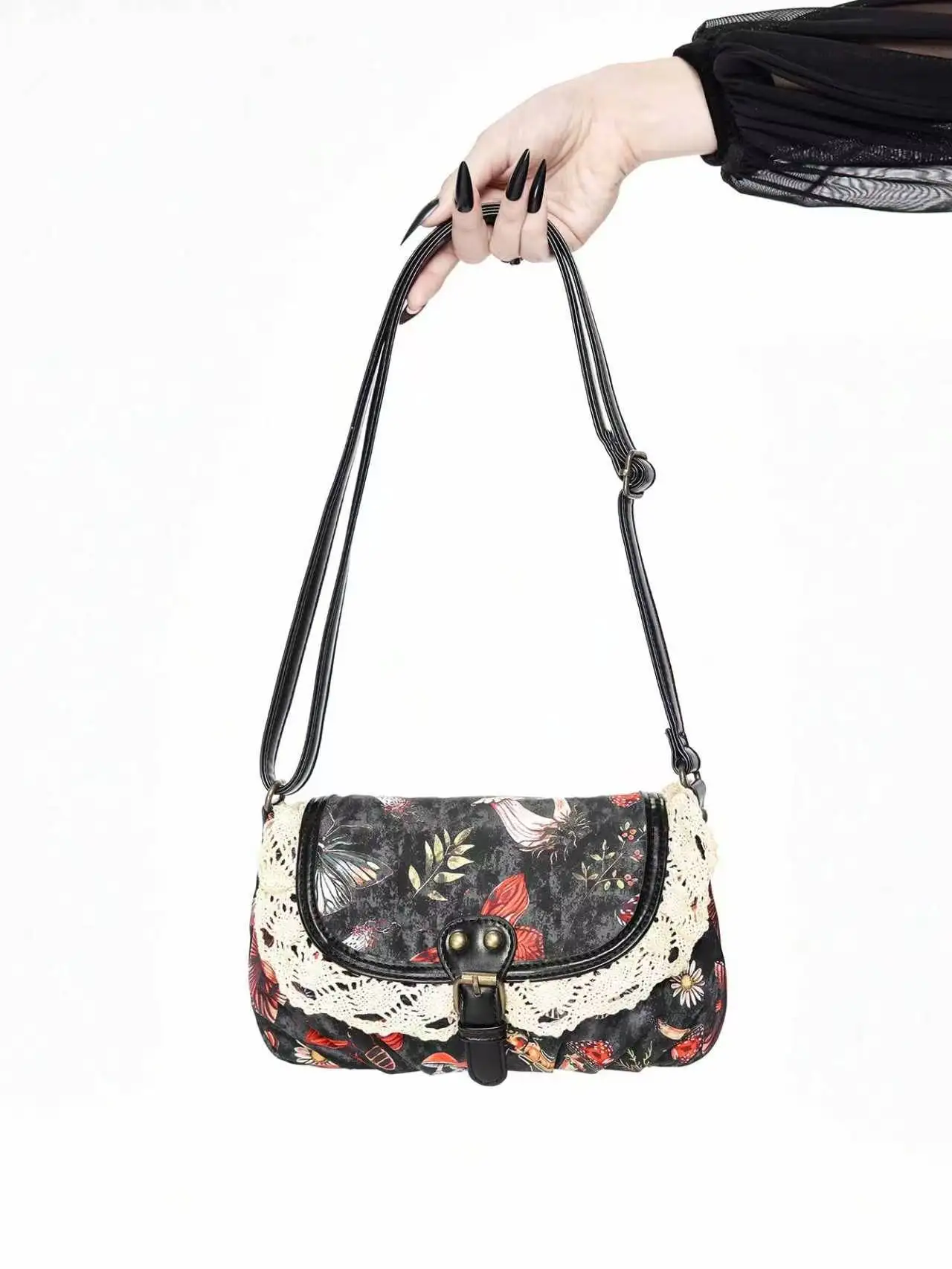 Bolso de Lona con Encaje Floral y Mariposas, Estilo Retro Coreano Japonés, Bolso Bandolera, Accesorio de Moda para Uso Diario