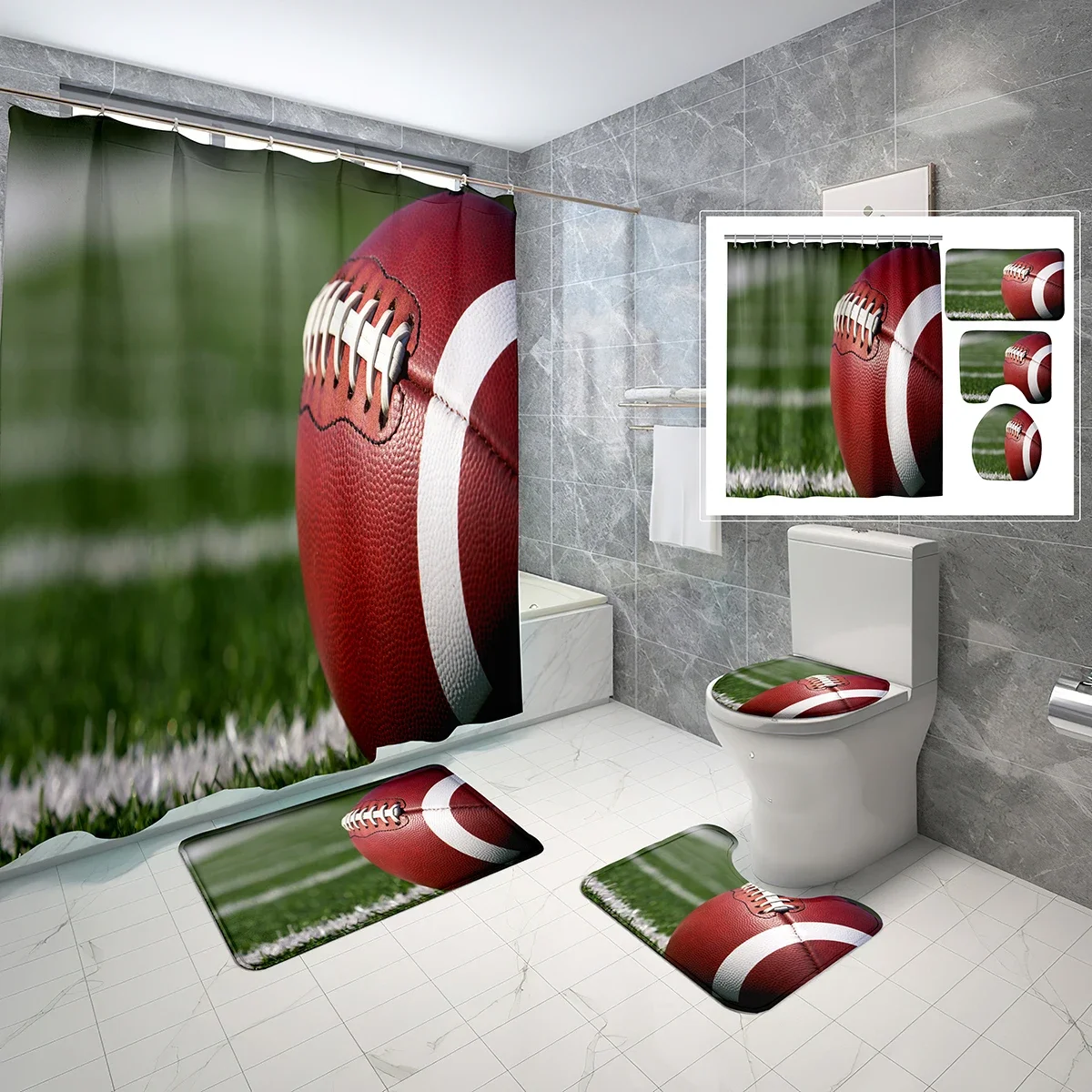 Rugby Shower Curtain Sets 4 Pcs with Non-Slip Rugs Mat Toilet Lid Super Bowl Youth Sports Style Waterproof Shower Curtain Set