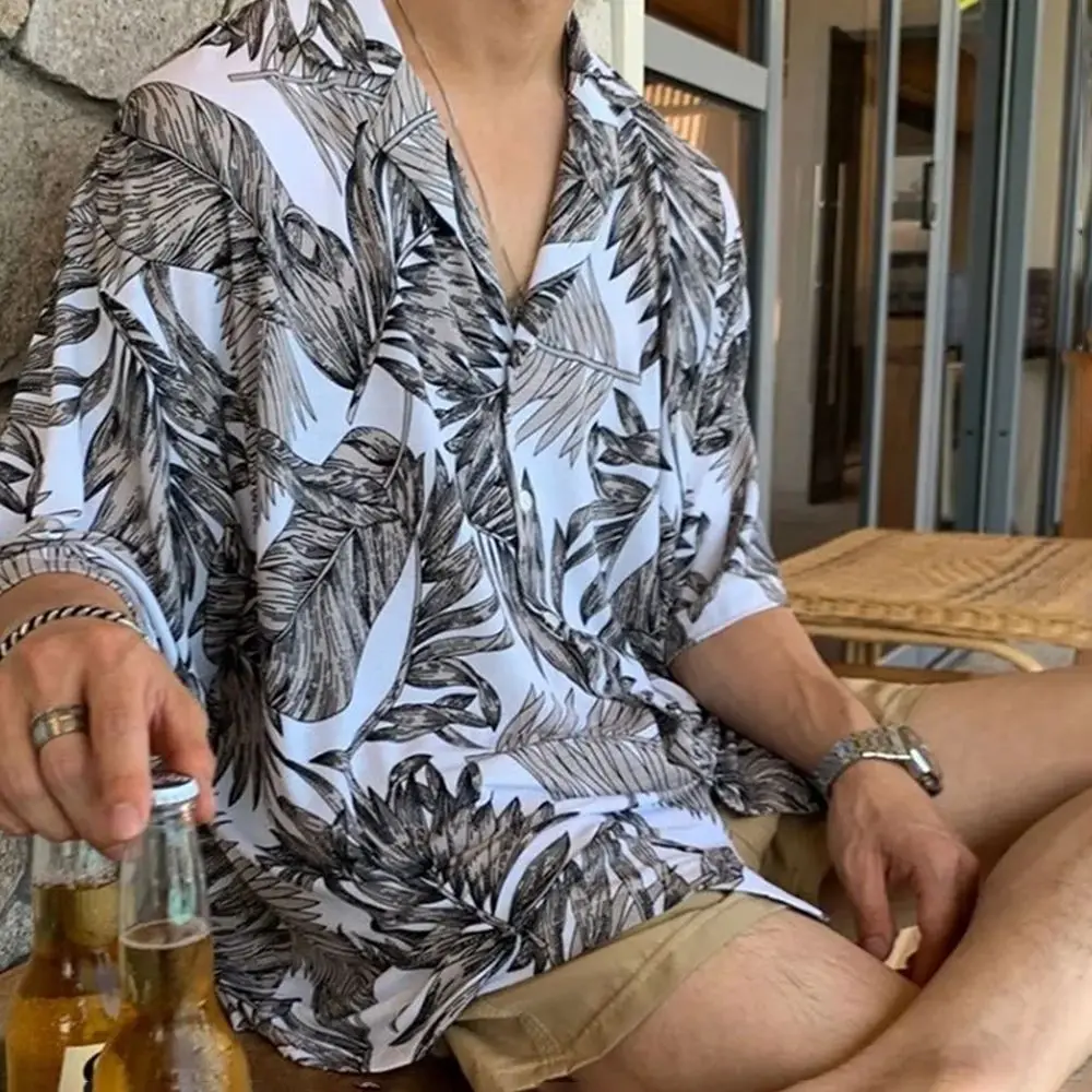 Y2k Mens Shirt Full Leaf Print Shirt Summer Japanese Street Wear Personality All-Match Youth Trend Thin Tops Men'S Clothing 2024