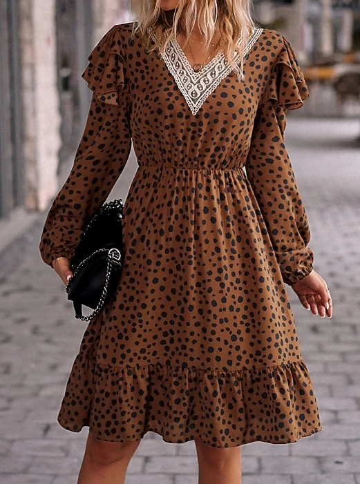 Womens Dress Casual Vacation Fashion Basic Leopard Print Lace Trim V-neck Ruffle Design Long Sleeve High Waist A-line Midi Dress