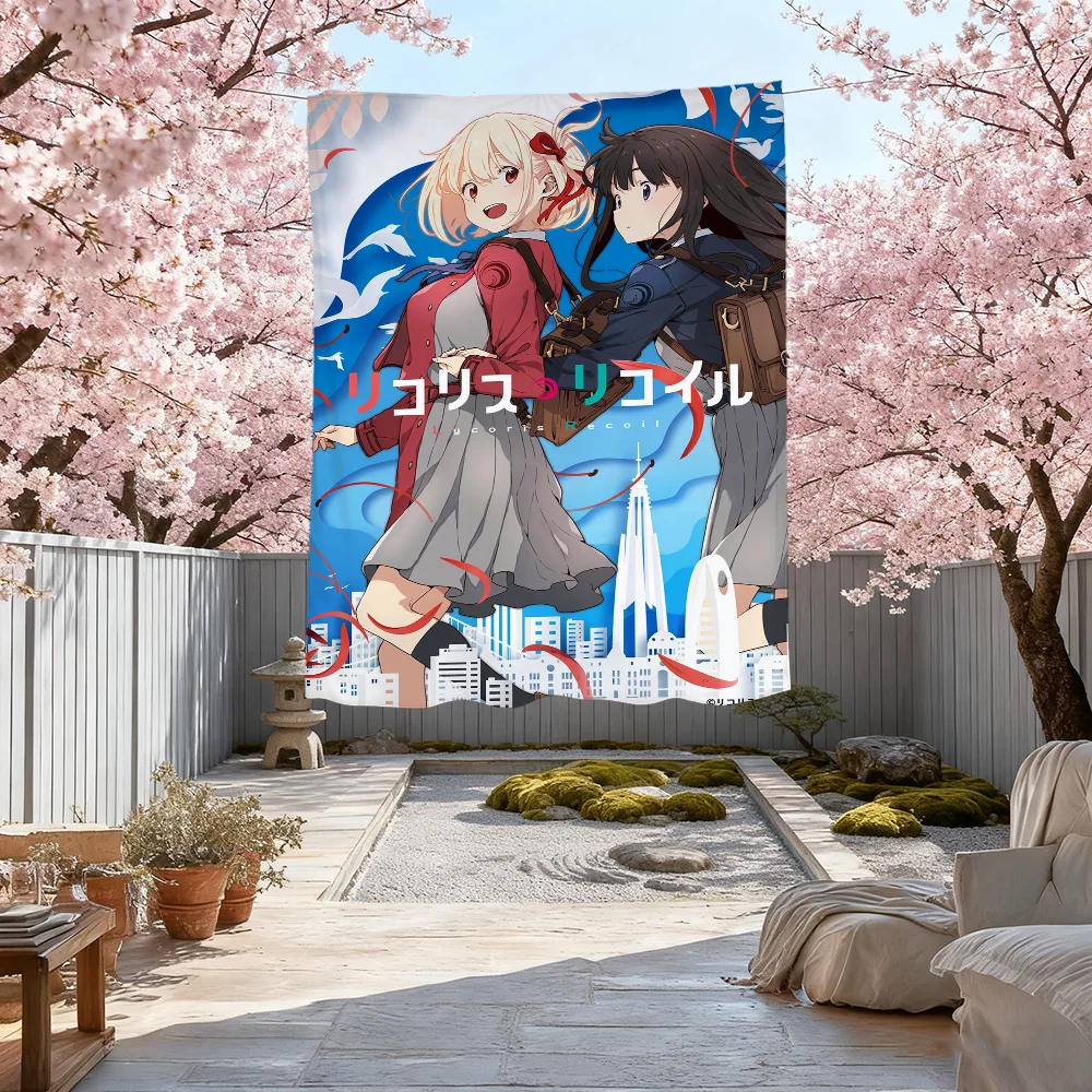 Anime L-lycoris Recoil Cartoon-Flagge für Wohnzimmer, zum Aufhängen, für Zuhause, Wohnheim, Dekoration, Kunst, Garage, Bar, Wand, Club, Live-Dekoration, Banner