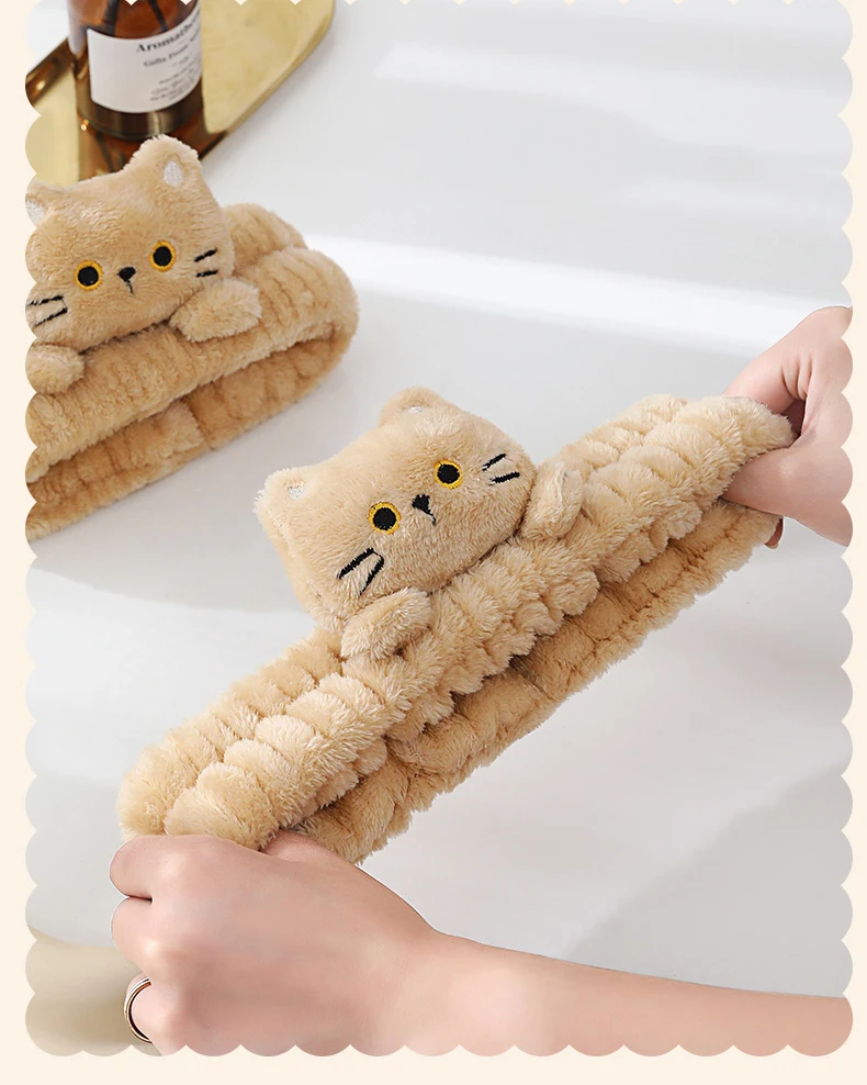 Niedliche Korallen-Fleece-Stirnbänder, elastisch, Cartoon-Katze, Make-up, Gesicht waschen, Haarbänder, weich, spurlos, Gesichts-Spa-Kopfbedeckung, Haar-Accessoires – Detail 5