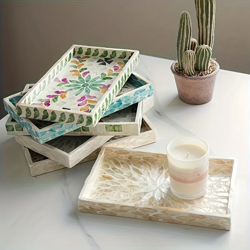 Light Luxury Square Shell Handmade Inlaid Decor Tray with Colorful Color Design for Living Room Table Storage Home Decoration