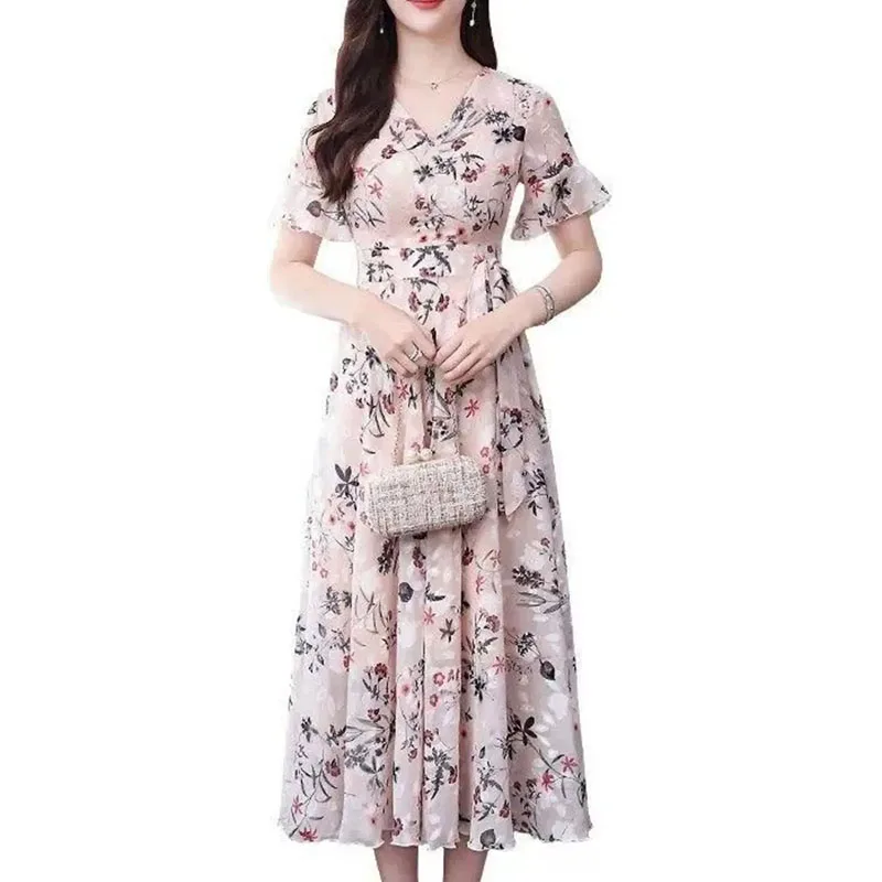 Robe mi-longue à fleurs en soie glacée pour femmes, col en v, style Boho, légère, manches en corne, coréenne, décontractée, élégante, robes de luxe, 2025
