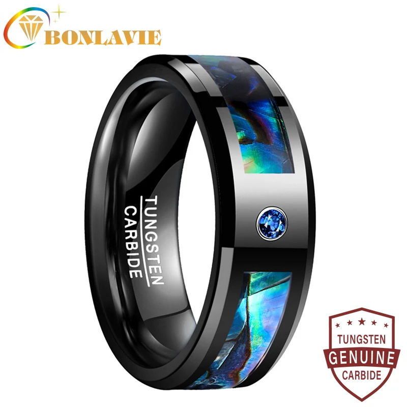 BONLAVIE 8mm Men's Abalone Shell and Blue Cubic Zirconia Inlay Tungsten Rings Black Wedding Bands Beveled Edge Size 7-12