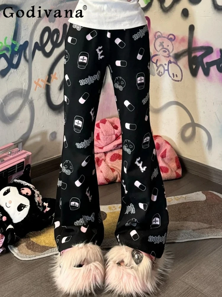 

Subculture Y2k Printed Casual Trousers 2025 New Spring Summer Female Girls Skinny Soft Flare Pants Japanese Cute Print Trousers