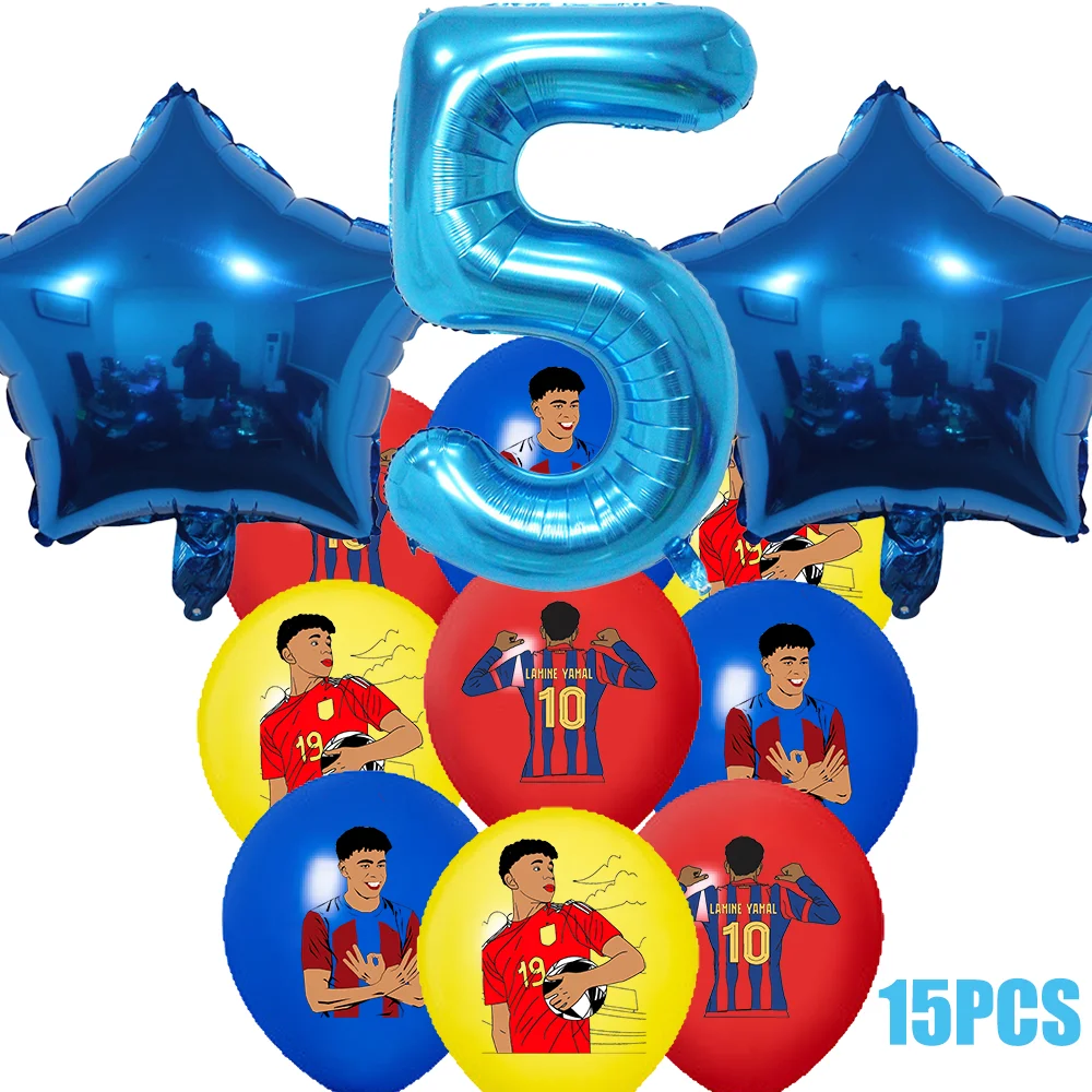 Yamal Soccer Football 15Pcs Blue Number 1 to 9 Foil Balloons Star Foil Balloons Kids Birthday Party Decorations Sports Theme - view 5