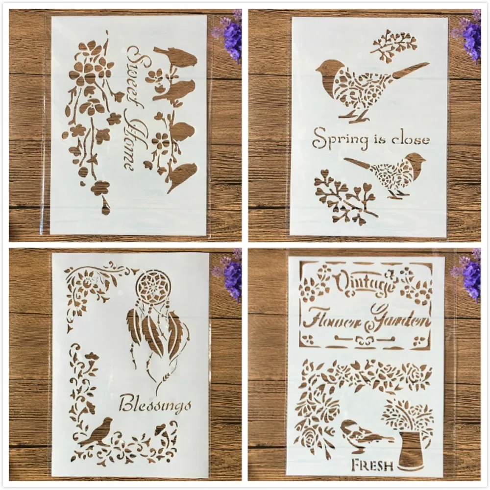 Plantillas de capas para pintura de pared, A4, 29cm, Vintage Bird Words, DIY, álbum de recortes para colorear, álbum de relieve, plantilla