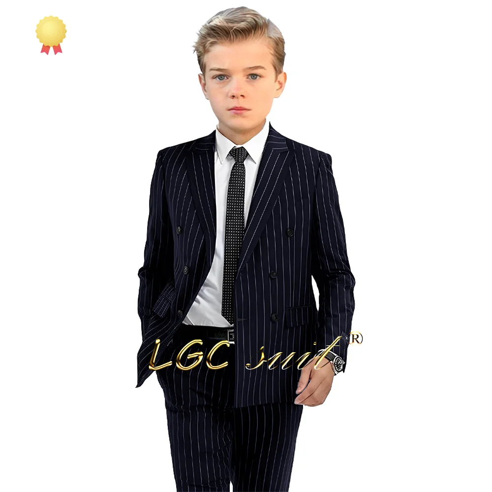 Boys striped double-breasted suit 2-piece set - suitable for children aged 2 to 16 years old, customized formal wear