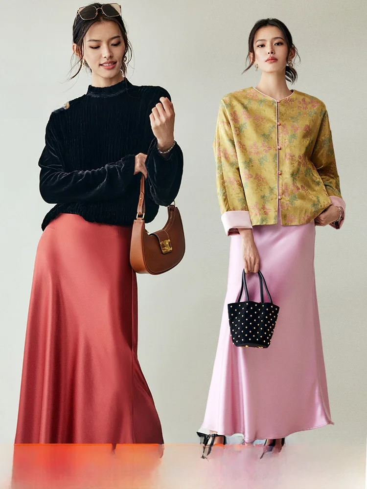 

Silky Smooth Anti-Wrinkle Drapey High Waist A-Line Skirt Satin Fish Tail Skirt Korean Style Commute Polyester Fiber