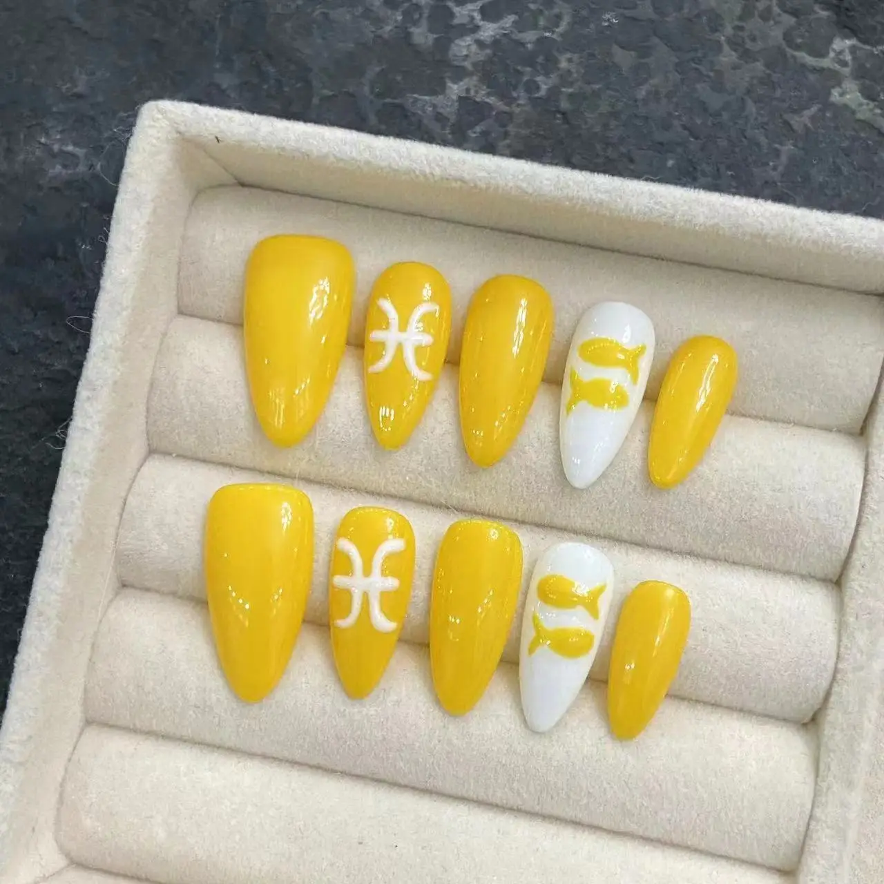 

10 PCS Luxury Handmade Press on Nails Middle Almond Pisces Design with 3-PIECE Tool Adhesive Nail Glue Tabs