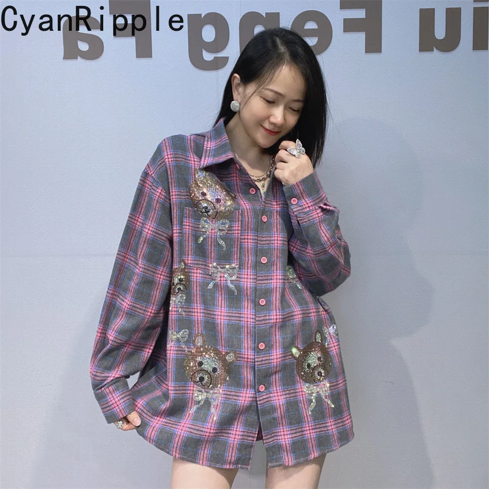 Age Reduction New Spring Autumn Pink Long Sleeve Plaid Shirts Thicken Mid-long Loose Cardigans Coat Single-breasted Casual Shirt